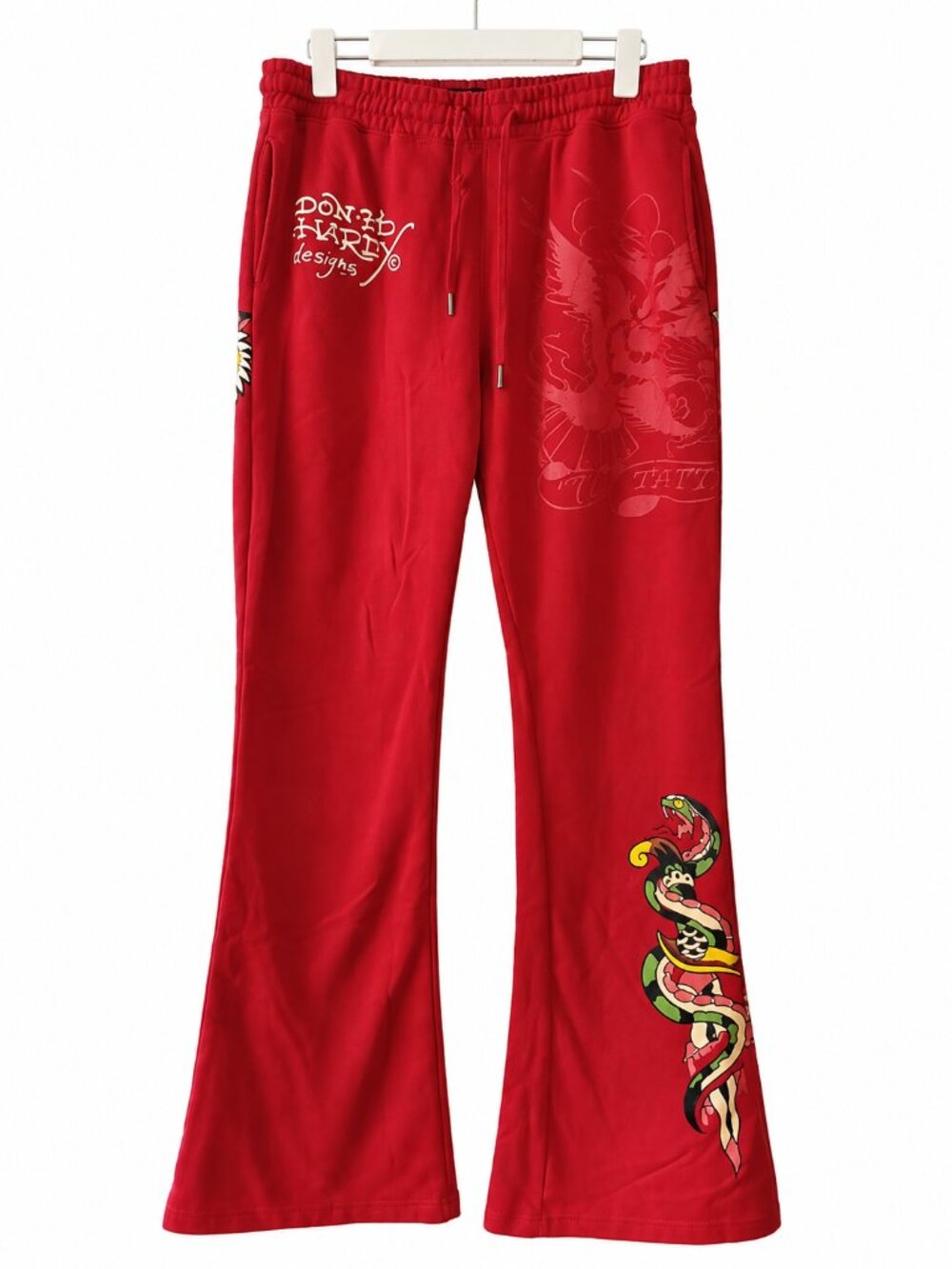 Ed Hardy Red Dragon Rose Graphic Wide Leg Sweatpants Y2K Streetwear L